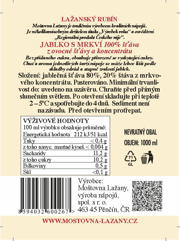 Jablko s mrkví 100% šťáva Lažany 1l